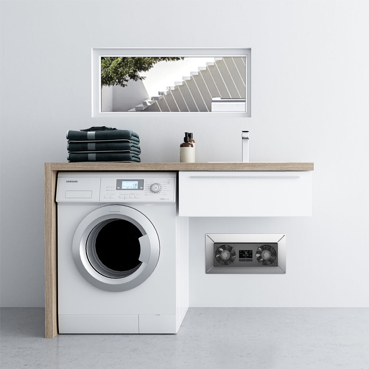 Airtitan T8 exhaust fan on display in Laundry room