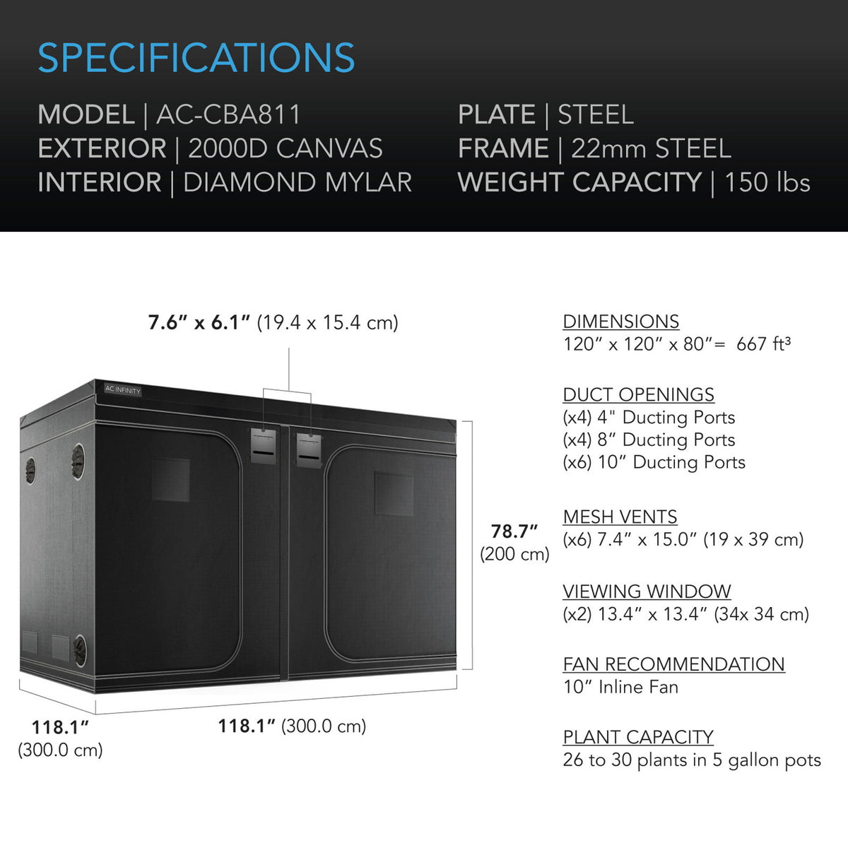 CLOUDLAB 811 GROW TENT SPECIFICATIONS
