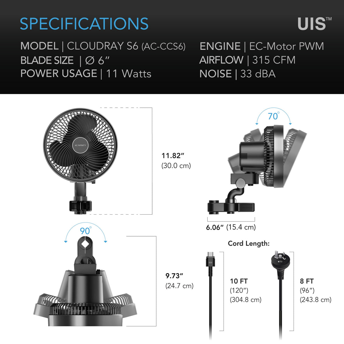 Cloudray S6, Grow Tent Clip Fan 6” ด้วยความเร็ว 10 ระดับ, EC-Motor, Auto Oscillation