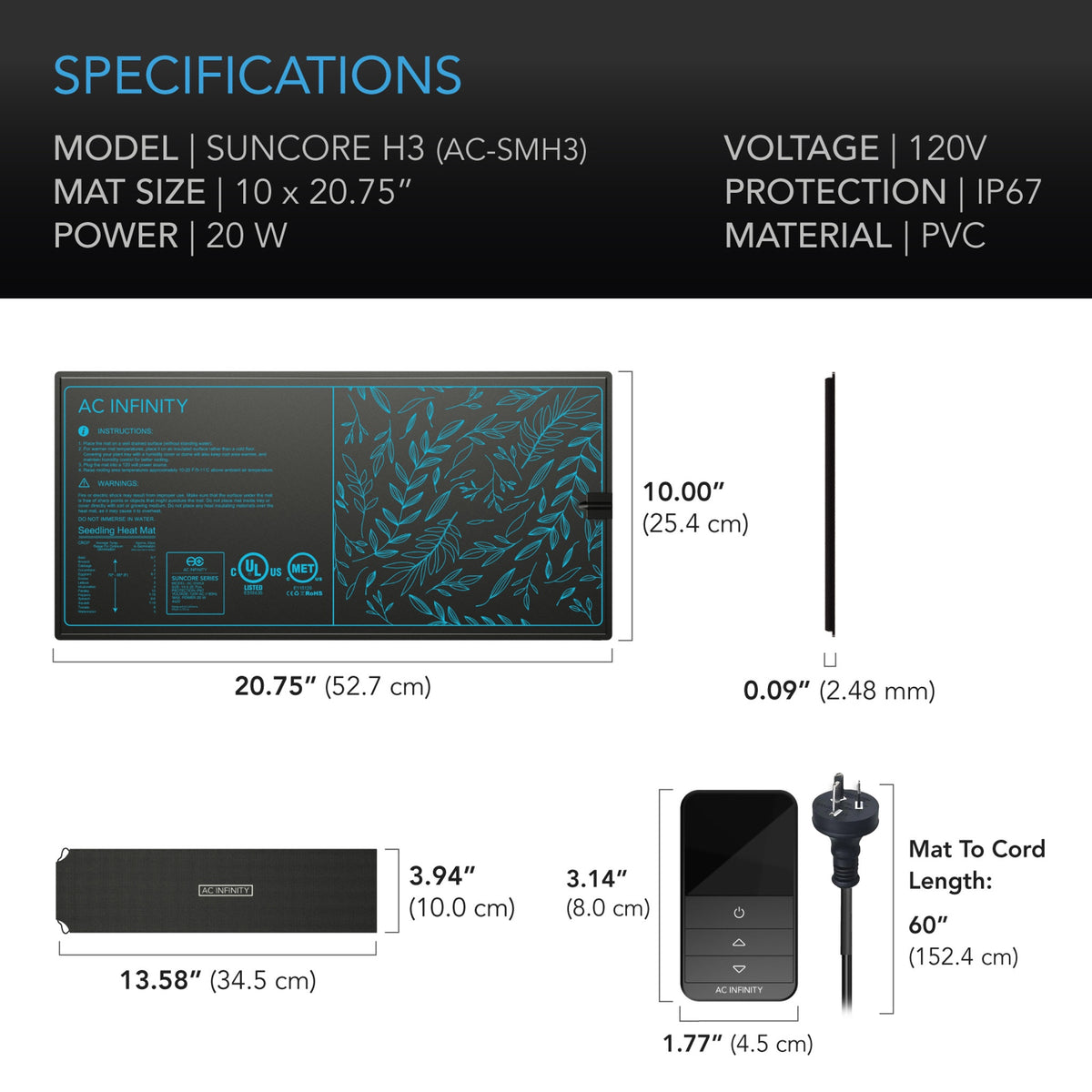 Suncore H3 Seedling Heat Mat specifications